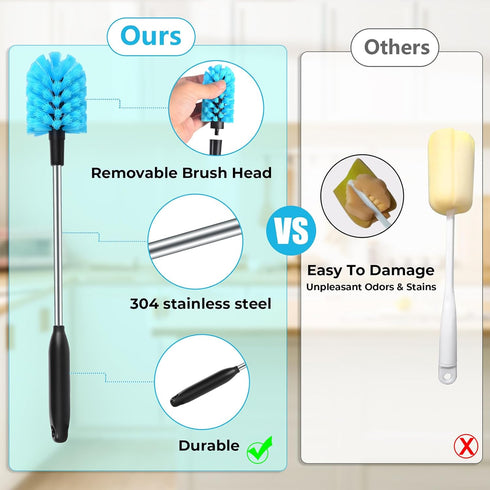 2-in-1 Stainless Steel Long Handled Water Bottle Brush, Multi-Purpose Bottle Scrubbing Brush, Soft Bottle Brush, Glassware Brush, Water Bottle Cle...