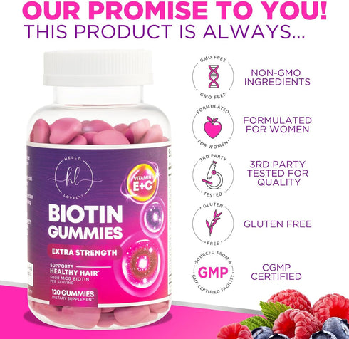 Hair Vitamins Gummy with Biotin 5000 mcg Vitamin E & C to Support Hair Growth, Non-GMO, for Thicker, Stronger & Beautiful Hair, Skin & Nails, Hair...