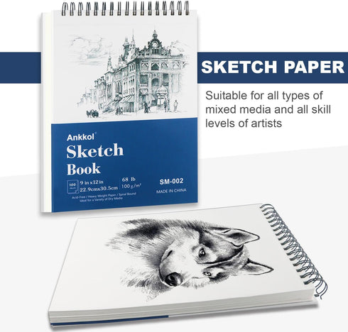 Ankkol 9x12 Sketchbook, Sketch Book Pack of 2, 200 Sheets (68 lb/100gsm), Spiral Bound Artist Sketch Pad, 100 Sheets Each, Sturdy Acid Free Drawin...