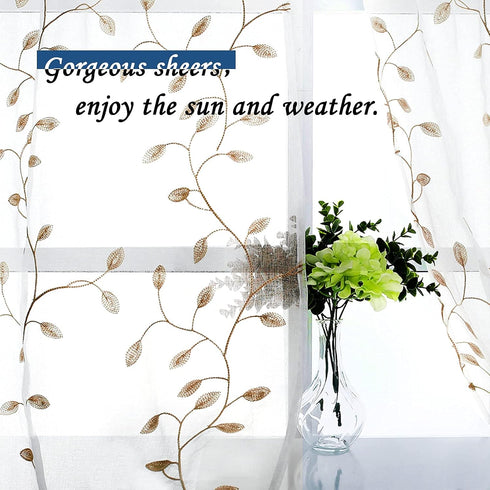 MRTREES Sheer Tier Curtains White, Voile Bathroom Tiers Rod Pocket, Leaves Embroidery Bedroom Curtain Panels Half Window Treatment for Living Room...