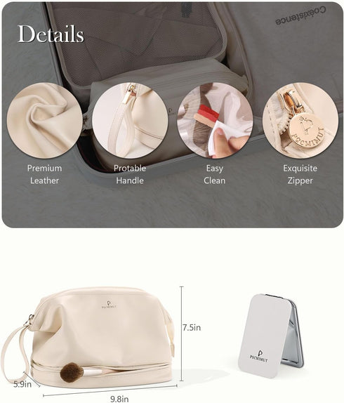 Pocmimut Makeup Bag, Leather Make Up Bag Travel Cosmetic Bags for Women, Large Wide-open Makeup Bag Double Layer Toiletry Bag Make Up Organizer Ca...