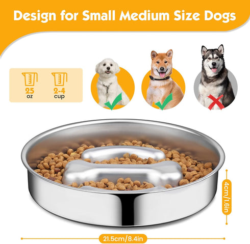 PETTOM Dog Bowl Slow Feeder, Non Slip Stainless Steel Slow Feeder Dog Bowl 3 Cups Metal Dog Food Bowls for Small Medium Dogs Double-Sided Design P...