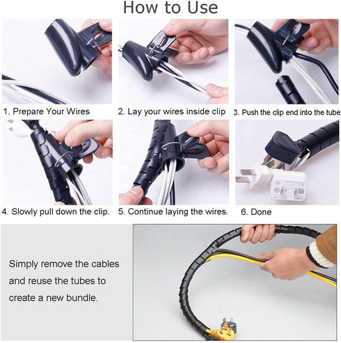 Black Cable Wire Organizer Cord Sleeve Management Cord Hider for Computer, TV, Desk, VIWIEU 5 Feet EZ Cable Sleeve Bundler Flexible & Expandable H...