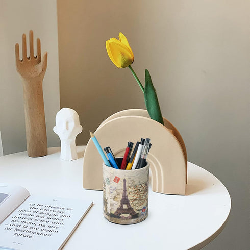 Vintage Pen Pencil Holder Cup Retro Desk Organizer for Home Office Living Room (Beige Paris Eiffel Tower Round)...