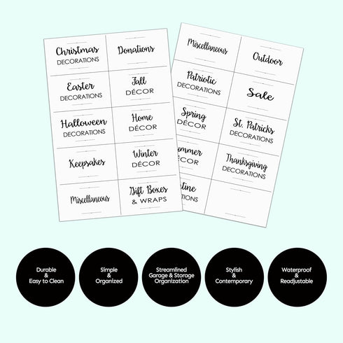 Waterproof Storage Stickers for Organizing Bins and Containers, Preprinted Home, Garage, Basement Organization Labels (20 Pack)...