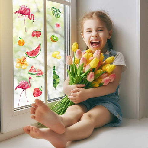 80 Pieces Summer Flamingo Window Sticker Hawaii Window Decals Flamingo Watermelon Strawberry Window Sticker for Bedroom Living Room Swimming Pool ...