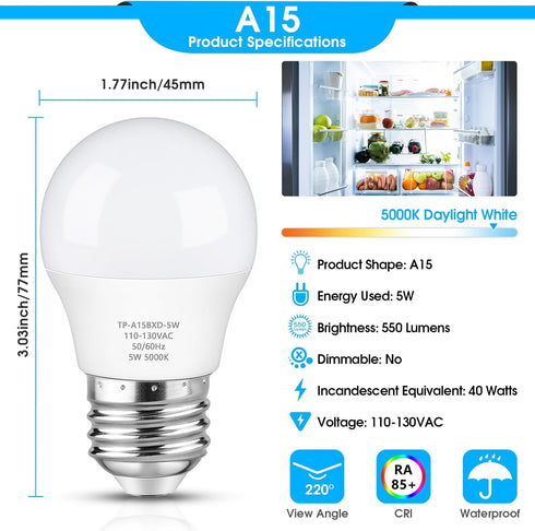 LED Refrigerator Light Bulb, 40 Watt Equivalent A15 Fridge Bulb Waterproof, Daylight White 5000K, 550LM E26 Base, 5W Appliance Bulb, 2-Pack......