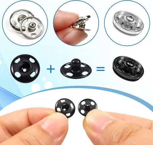 TOAOB 100 Sets Sew on Snap Buttons Brass Snaps Fasteners Press Studs Snap Kit for Sewing Clothing 8.5mm 10mm 12mm 25mm Black and Silver...