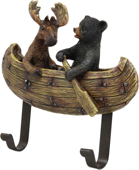 Ebros Whimsical Forest Creek Buddies Rustic Black Bear and Elk Moose Rowing Boat Canoe 2 Pegs Wall Hooks 7" Wide Hanger Bears Deers Elks Wall Moun...