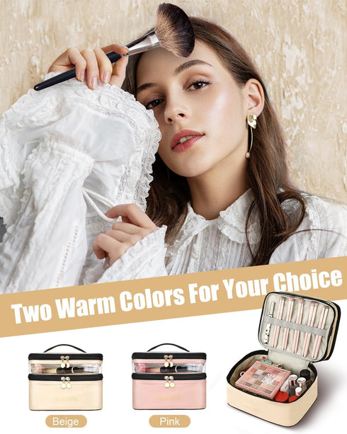 Cosmetic Bags for Women Clear Leather Double Layer Makeup Bag - Large Travel Skincare Bag For Travel Organizer Toiletry Bag - Beige...