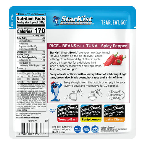 StarKist Smart Bowls Spicy Pepper, 4.5 oz Pouch (Pack of 12) – Features Rice & Beans with Wild Caught Light Tuna...