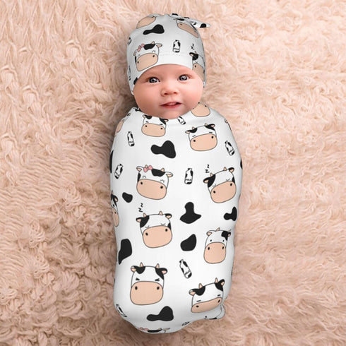 Cute Cow Print Swaddle Blanket Hat Set for Boys Girls, Soft Cow Newborn Sleeping Sack Receiving Blanket Shower Gift...