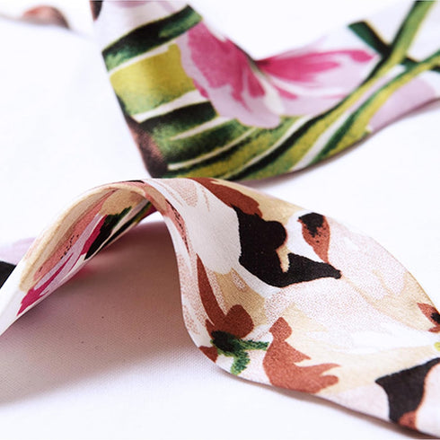 Luwint Long Thin Floral Chiffon Scarf, Silk-like Satin Scarf Skinny Necktie Narrow Scarf Handbag Handle Wrap Ribbon Hair Band Sash Waist Belt for ...