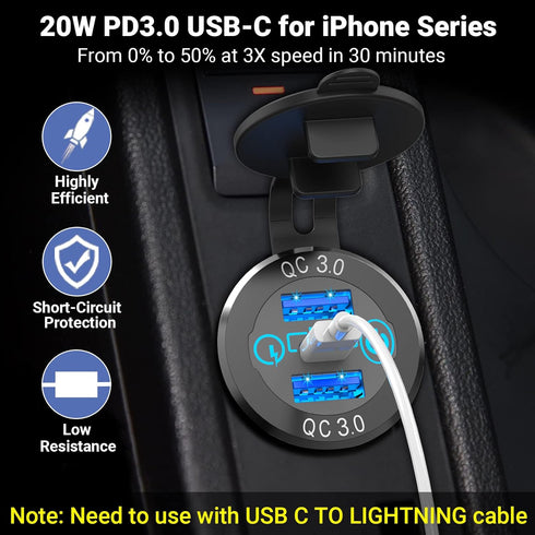 56W USB C Car Charger Socket, Ouffun Aluminum Metal 12V/24V Multiple USB Outlet PD 20W USB-C and Dual QC3.0 Ports with Power Switch USB Port 12V S...