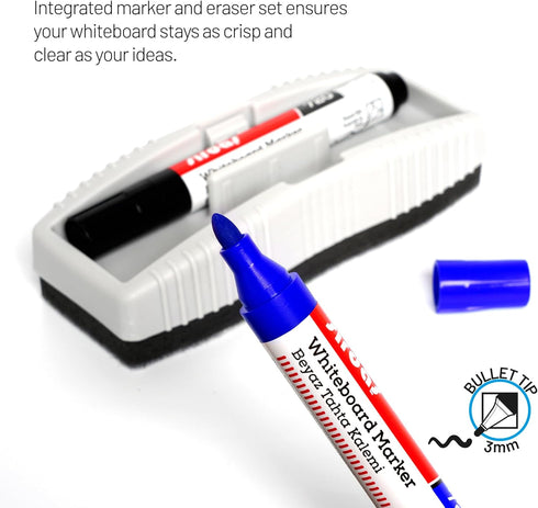 SIRDAS Whiteboard Eraser and Dry Erase Marker Set, Integrated Blue & Black Bullet Tip Markers, Low Odor, Quick-Drying for Classroom, Office, and H...