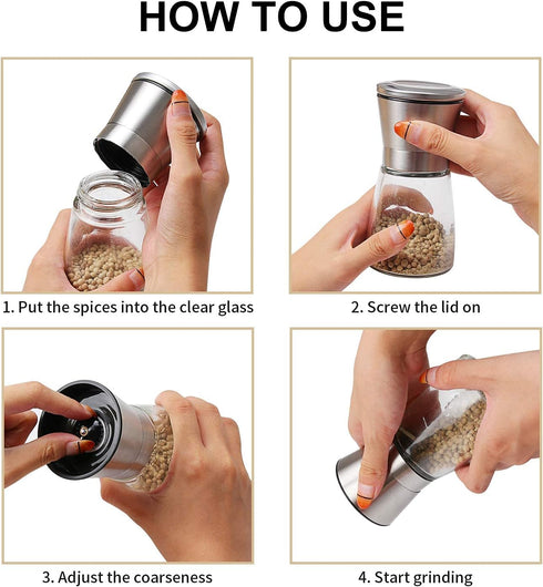 Herda Salt and Pepper Grinder - Refillable 304 Brushed Stainless Steel Shaker - Adjustable Ceramic Sea Salt & Pepper Grinder - Tall Glass Salt- Pe...