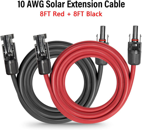 10 AWG Solar Extension Cable 8FT Black + 8FT Red, Ultra Solar Panel Wire Male to Female Tinned Copper Wire for Solar Panel, Automotive, RV, Boat, ...