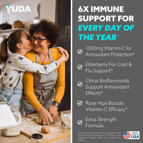 Yuda Immune Support Booster - Vitamin C and Quercetin, Enriched with Elderberry and Rose HIPS, a Superior Vitamin C and Quercetin Formula, Promote...