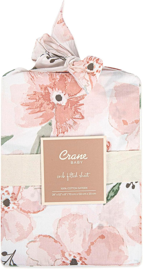 Crane Baby Soft Cotton Crib Mattress Sheet, Fitted Sheet for Cribs and Toddler Beds, Pink Floral, 28”w x 52”h x 9”d...
