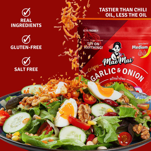 MaeMai Medium Spice (SPICY) - Crispy Onions & Garlic Flakes - Crunchy All-Purpose Seasoning, Keto, Salad Toppings, Fried Onions - Ramen, Rice Seas...