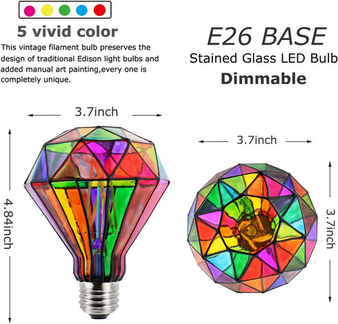 Dimmable Stained Glass LED Light Bulb,Diamond Shape LED Bulb, E26 Base 6 Watts G95 Shape LED Light Bulbs, for Home Party,Recreation Room,Balcony,G...