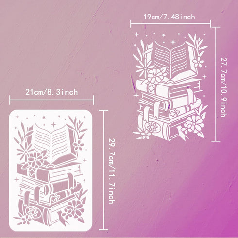 FINGERINSPIRE Book Stencil for Painting 8.3x11.7inch Piled Books Painting Template Reusable Book & Flower Pattern Painting Stencil Hollow Out Sten...