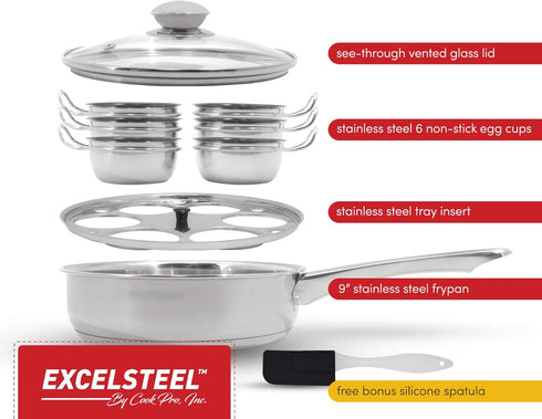 EXCELSTEEL Non Stick Easy Use Rust Resistant Home Kitchen Breakfast Brunch Induction Cooktop Egg Poacher, 6 Cup, Stainless Steel, Round...