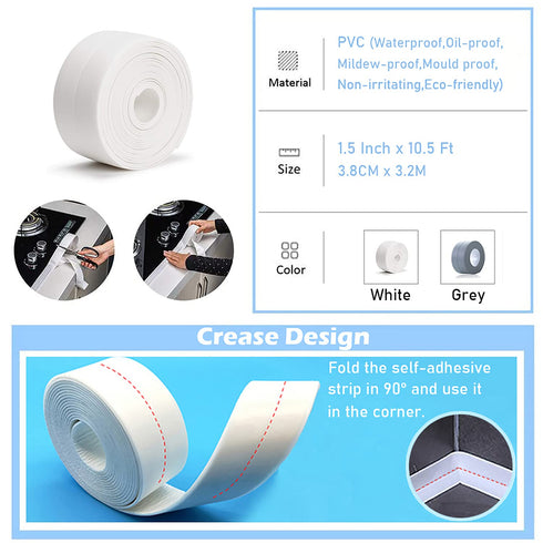 Caulk Strip, 1.5" x 10.5Ft Self Adhesive Caulk Tape, PVC Waterproof Sealing Tape for Bathroom Bathtub Kitchen Toilet Wall...