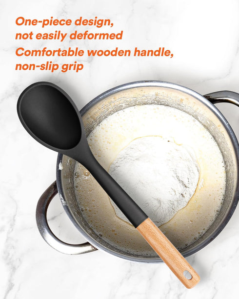 Large Silicone Cooking Spoons, Nonstick Solid Wooden Handle Spoon, Heat Resistan Silicone Kitchen Spoons for Cooking, Serving, Basting, Mixing, 13...