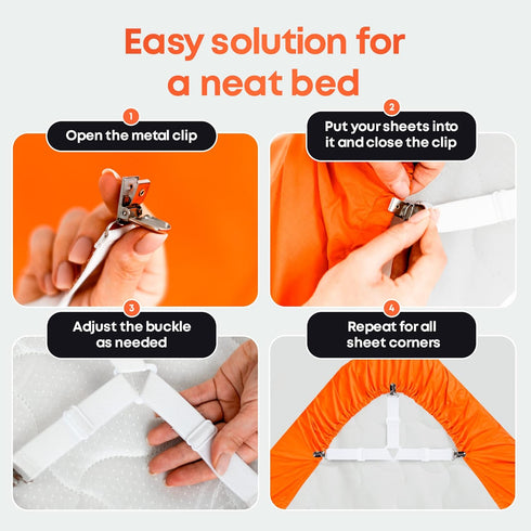5 STARS UNITED Bed Sheet Straps Set | Easy to Use Adjustable Elastic Fasteners with Metal Clips | Sheet Holders for Corners | Fitted Sheet Clips t...