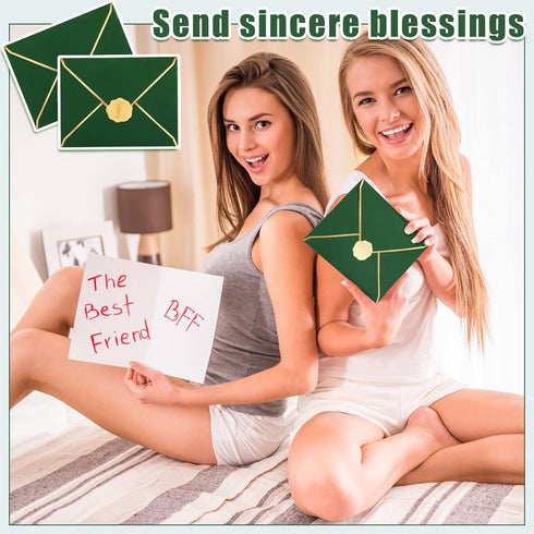 Teling 50 Pcs A7 Envelopes 5 x 7 Card Envelopes and 50 Pcs Gold Embossed Wax Seal Envelopes Self Adhesive V Flap Envelopes with Gold Border for Gr...