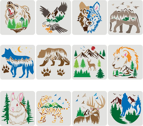 FINGERINSPIRE 12PCS/Set Bear Deer Eagle Rabbit Wolf Stencils, 11.8x11.8 Inch Tiger Elephant Claw Animal Stencils for Drawing, Wildlife Stencils fo...