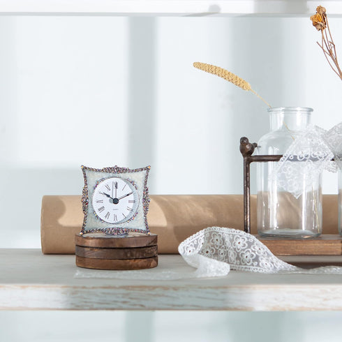 NIKKY HOME Crystal Elegant Small Quartz Analog Table Clock with Rosy Rhinestone Non-Alarm Desk Clock 3.5 by 1.5 by 3.5 Inches, White and Pink...