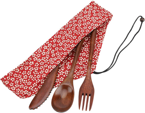 Wooden Cutlery Set Cooking Utensils Includes Wooden Spoon, Fork, Knife with Storage Bag...