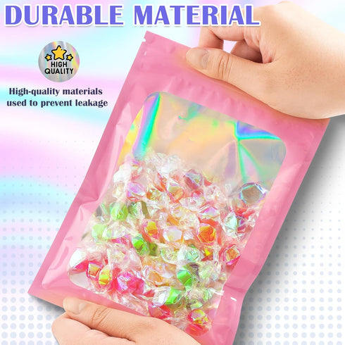 JETMORE 100 PCS Mylar Bags, Pink Holographic Bags, Smell Proof Bags, Resealable Bags for Small Business, Sealable Bags for Packaging, Foil Pouch B...