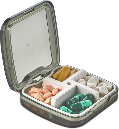 Compact Pill Box Organizer - Portable Waterproof Medicine Organizer and Daily Pill Container with Removable 4 Compartment Divider - Durable ABS Si...
