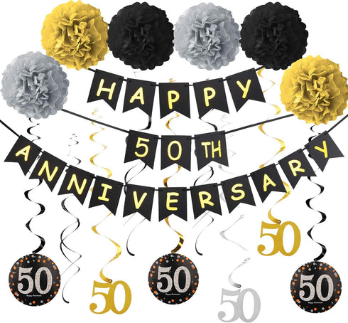 50th Wedding Anniversary Decorations Kit - Gold Glitter Happy 50th Banner / Sparkling 50 Hanging Swirls / Poms...