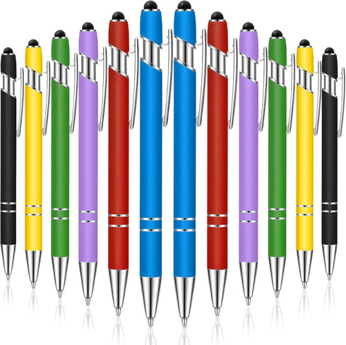 Tenare 12 Pieces Ballpoint Pen with Stylus Tip, 1.0 mm Black Ink Metal Pen Stylus Pen for Touch Screens, 2 in 1 Stylus Ballpoint Pen (Bright Color...
