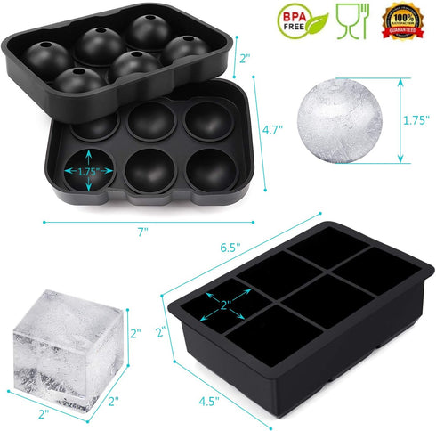 Large Ice Cube Trays Ice Ball Maker with Lids Combo(Set of 2), Silicone Sphere & Square Flexible Ice Cube Molds for Cocktails, Whiskey, Juice and ...