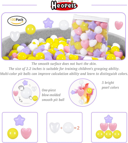 Ball Pit Balls Stars for Toddlers- 100 Pack 3 Shapes Balls Stars and Hearts for Ball Pit Playroom Playpen, Non-Toxic Plastic Toy Balls Shower Part...