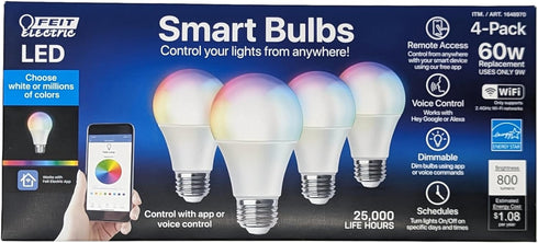 Feit 4-Pack WiFi LED Smart Bulbs (60W Replacement, 4-Pack) Color Changing...