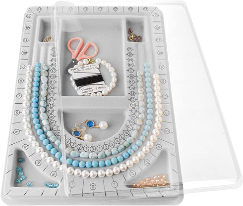 The Bead Board with Clear Cover,Grey Flocked,6 Recessed Compartments,3 U-Shaped Channels,Design Boards for Jewelry Bracelet Necklace Making DIY...