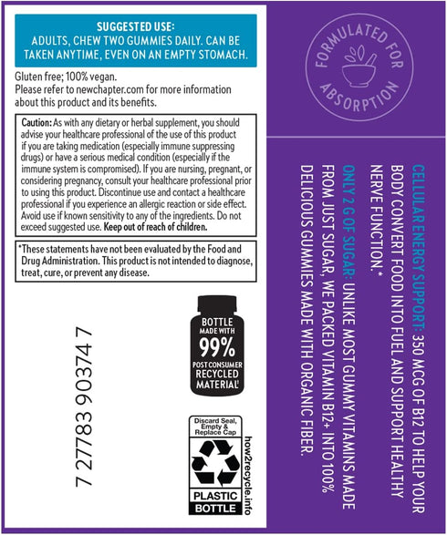 New Chapter® Organic Vitamin B12+ Gummies – 44% Less Sugar§, USDA Organic Vegan B12, TWO Daily Gummies for Cellular Energy Support with Cordyceps,...
