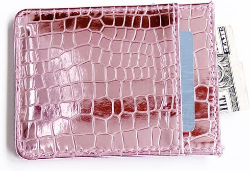 Super Shiny Slim Credit Card Holder Mini Front Pocket Wallet in Mirror Metallic Faux Crocodile pattern (Metalic Pink)...