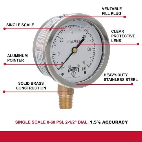 Winters 2-1/2" Dial Size, Liquid Filled Industrial Pressure Gauge, Brass Internals, 304 Stainless Steel Case, Single Scale 0-60 psi, 1.5% Acc, 1/4...