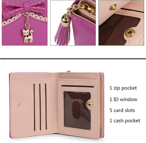 Uromee Girls Wallet Small Card Holder Women Purse Bifold Vegan Leather Zipper Coin Pocket Cute Cat Pendant Tassel...