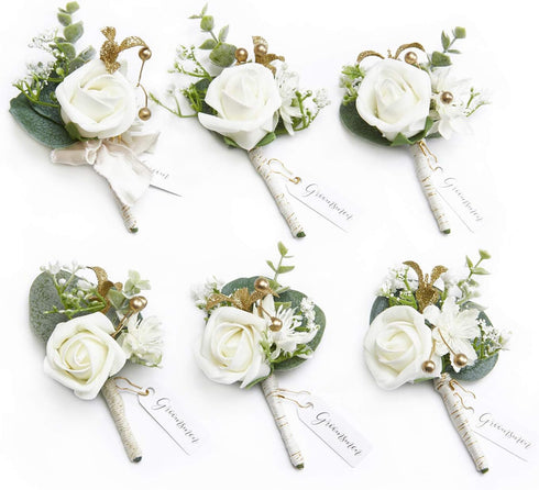 Ling's Moment Boutonniere for Men, 6pcs Groom Groomsmen Boutonniere, Artificial Flowers for Wedding Decor/Prom/Homecoming, etc.White Baby Breath I...