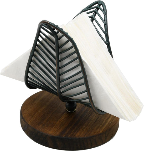 OwlGift Freestanding Modern Napkin Holder w/Golden Turquoise Wrought Iron Leaf & Brown Wooden Base Design, Tabletop Tissue Dispenser, Napkin Stora...