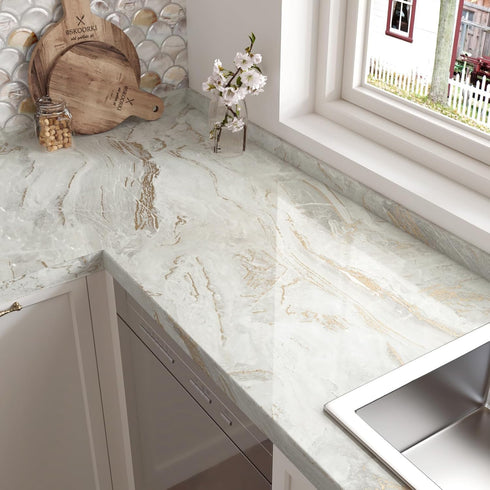 Gold Marble Contact Paper for Countertops Shiny White Marble Peel and Stick Wallpaper for Bathroom Waterproof Contact Paper Marble Countertop Viny...