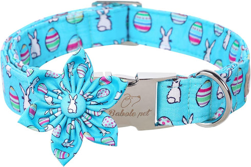 Dog Collar Easter Gift with Flower Tie, Rabbit Egg male Dog Collar with Safety Metal Buckle Adjustable Puppy Collars for Small Medium Large Boy & ...